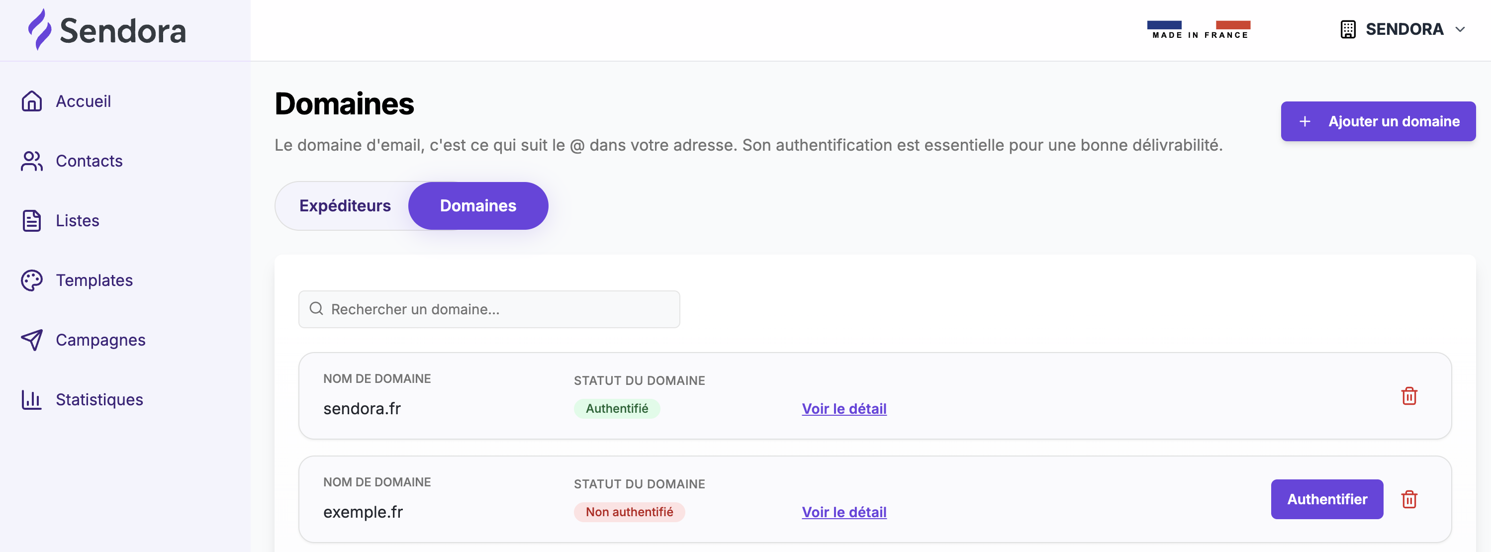 Sendora Domains page with the Authenticate button